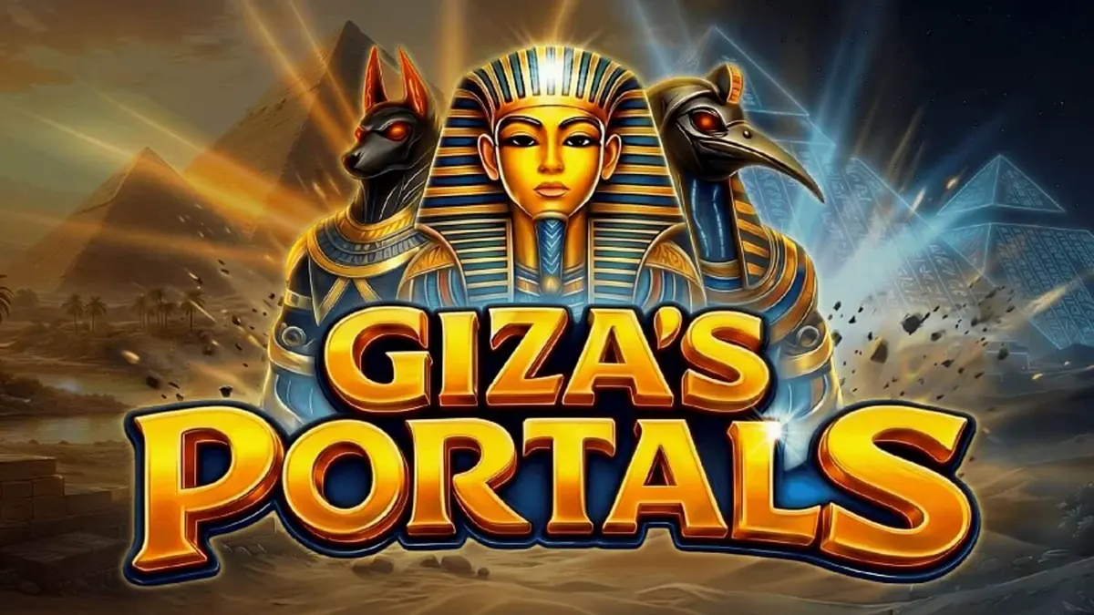 Interface do jogo Giza's Portals em um smartphone mostrando símbolos egípcios e pirâmides