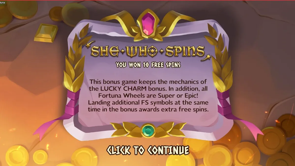 A deusa Fortuna sentada em um círculo dourado em um cenário de arquitetura clássica no slot Rise of Fortuna