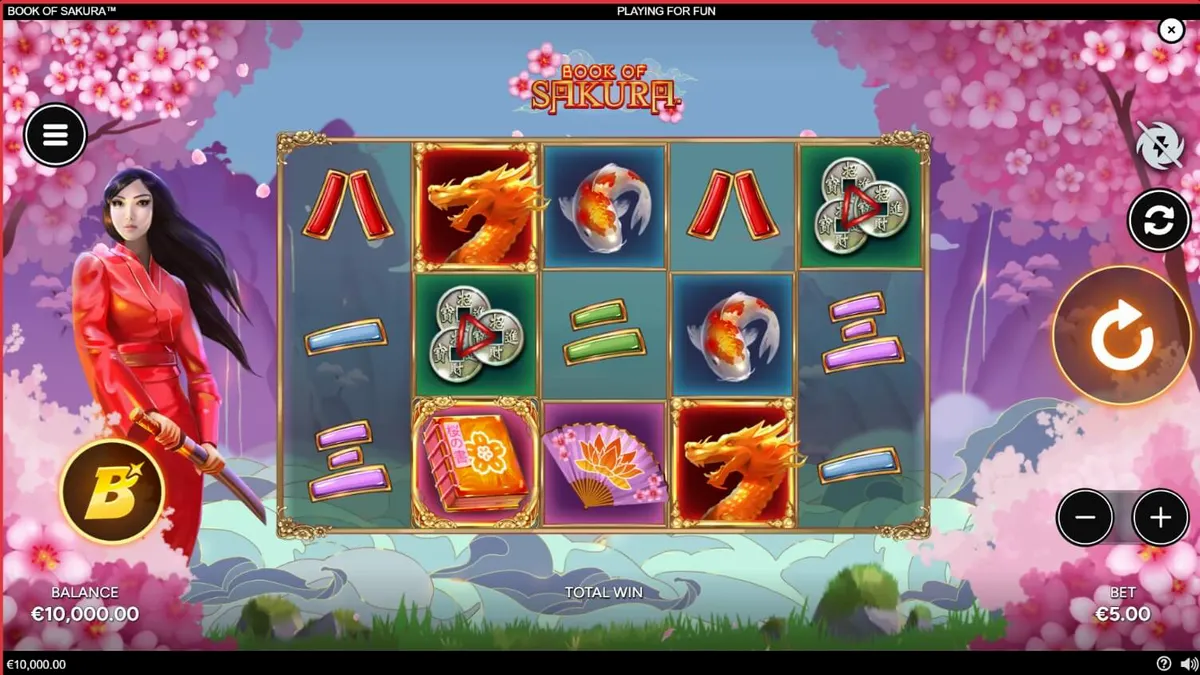 Interface visual do slot Book of Sakura com tema de flores de cerejeira e guerreira japonesa.