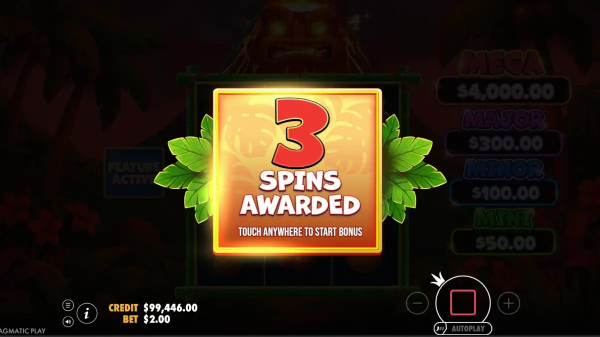 Interface do jogo Super Tiki Strike com tema tropical e vulcão ao fundo